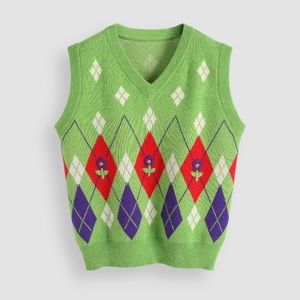 Green Flower Argyle Knit Vest